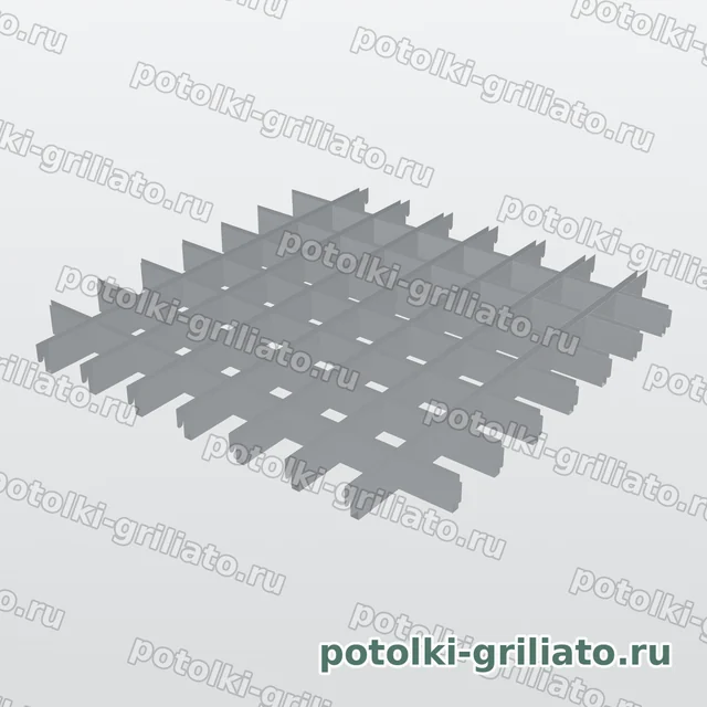 Потолок Грильято 75х75 (высота 40 мм, ширина 10 мм), Эконом, металлик — 3D-иллюстрация — вид решётки сверху