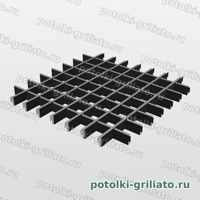 Потолок Грильято 75х75 (высота 40 мм, ширина 10 мм), Эконом, черный — 3D-иллюстрация — вид решётки сверху