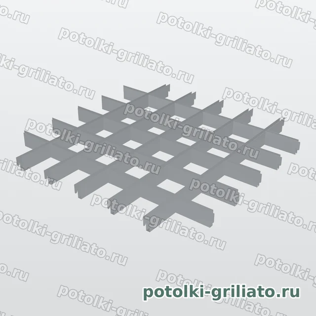 Потолок Грильято 100х100 (высота 40 мм, ширина 10 мм), Эконом, металлик — 3D-иллюстрация — вид решётки сверху