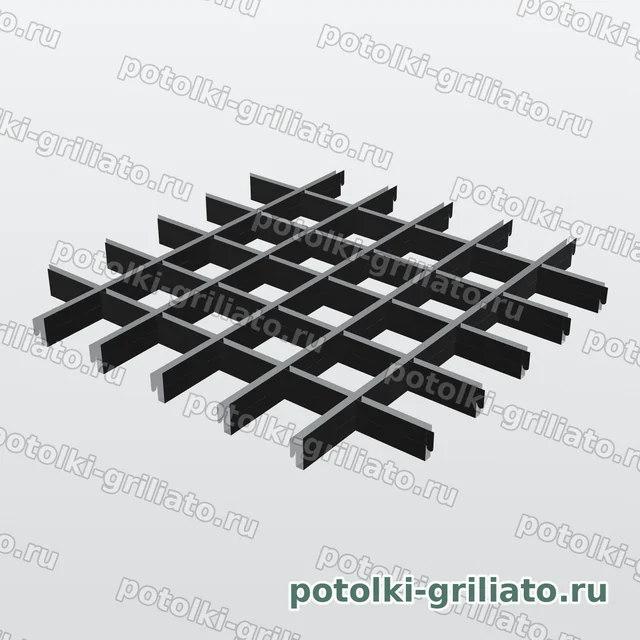Потолок Грильято 100х100 (высота 40 мм, ширина 10 мм), Эконом, черный — 3D-иллюстрация — вид решётки сверху